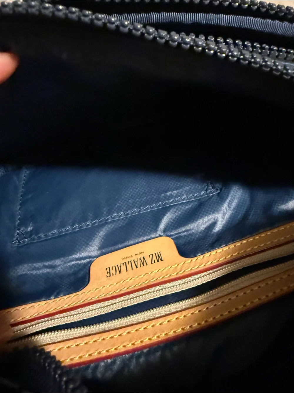MZ Wallace Quilted Navy Blue Belt Bag with Tan Accents - Picture 4 of 6